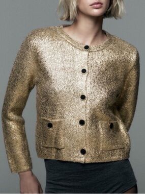 ZARA Gold Foil Metallic Cardigan Sweater